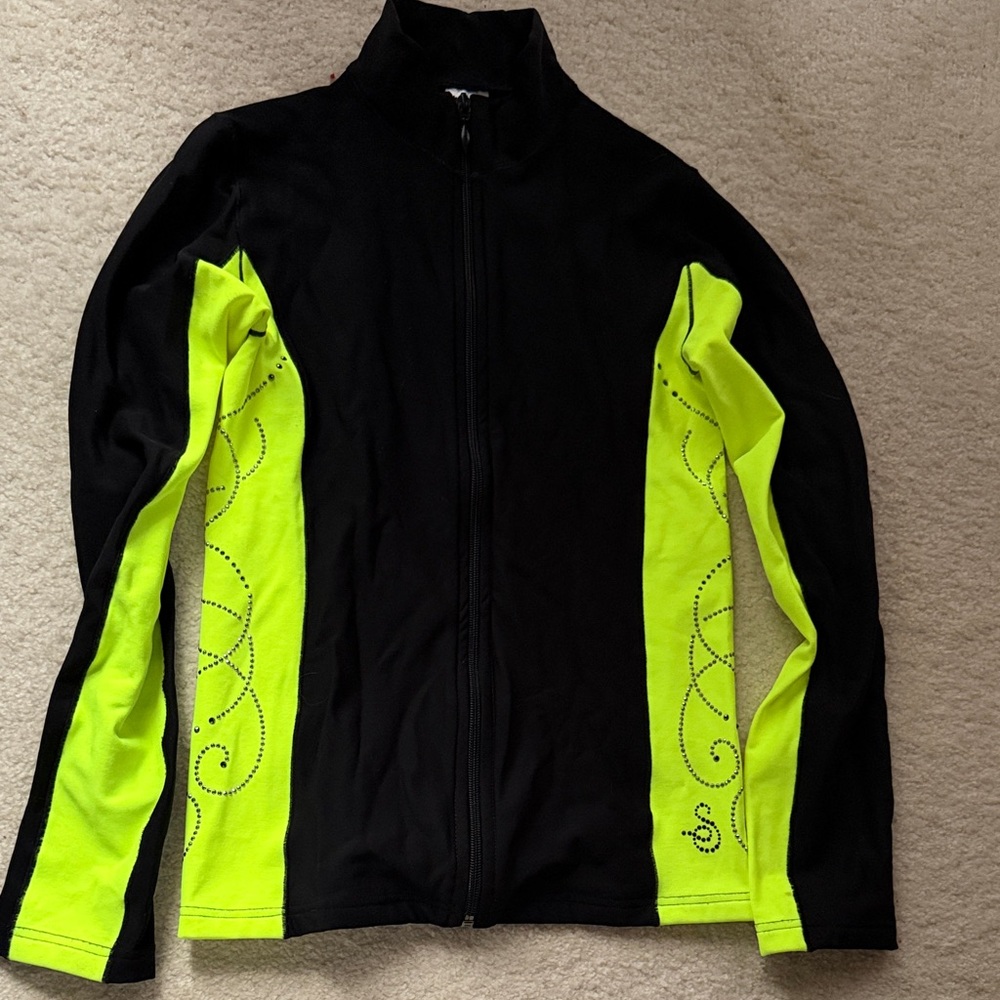 Women’s Black and Neon Yellow Figure Skating Zip-Up Jacket